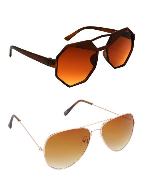 hrinkar men women boys & girls round & aviator sunglasses brown & golden frame, brown lens (medium) pack of - 2 - 18241070 - Very Small Image - 1
