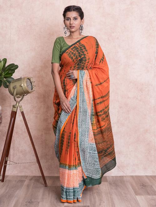 orange tie & dye saree with blouse - 18244553 - Very Small Image - 1