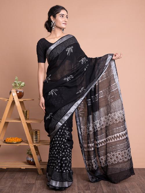hand block printed saree with blouse - 18244571 - Very Small Image - 1