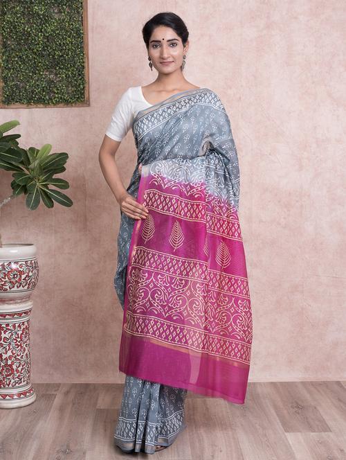 hand block print saree with blouse - 18244583 - Very Small Image - 1