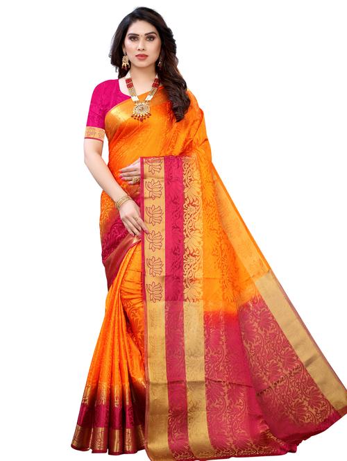 orange silk blend fusion saree with blouse - 18244920 - Very Small Image - 1
