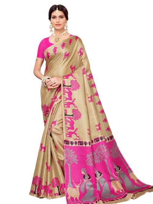 cream art silk printed saree with blouse - 18245034 - Very Small Image - 1
