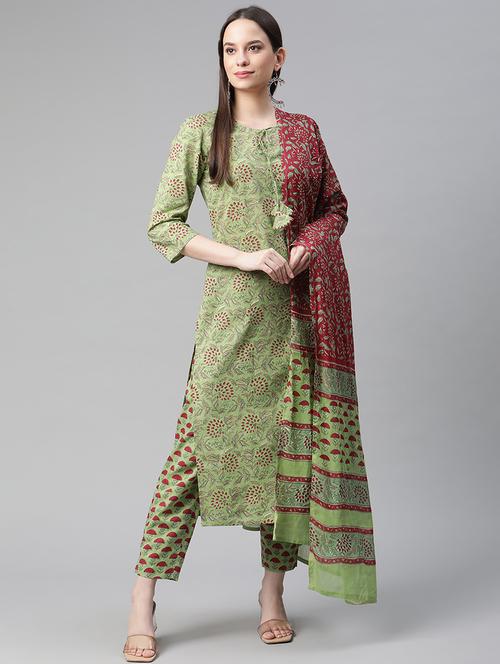 green cotton kurta pant set - 18245090 - Very Small Image - 1