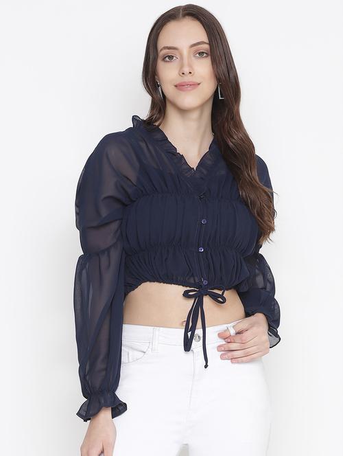 tie front solid crop top - 18246555 - Very Small Image - 1