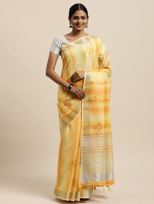 yellow linen saree with blouse - 18246769 - Very Small Image - 1
