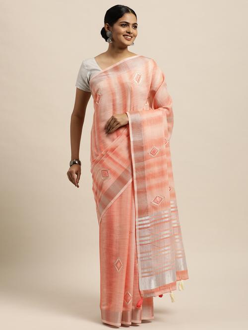 women's self design peach colored saree with blouse - 18246770 - Very Small Image - 1