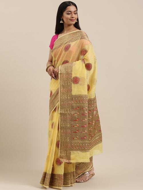 women's self design yellow colored saree with blouse - 18246834 - Very Small Image - 1