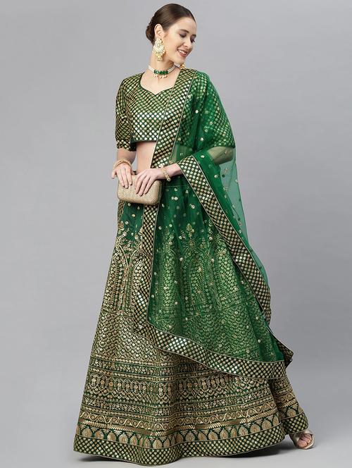 green raw silk flared lehenga - 18247898 - Very Small Image - 1