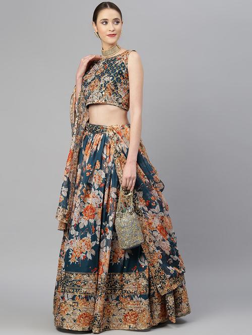 teal organza flared lehenga - 18247914 - Very Small Image - 1