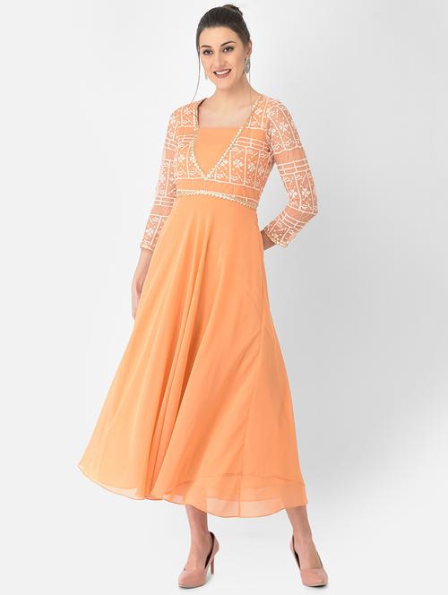 orange solid flared ethnic dress - 18248486 - Very Small Image - 1