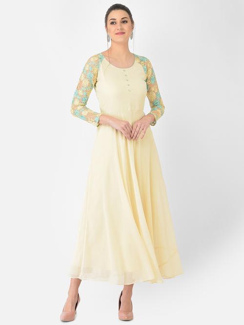 cream solid flared ethnic dress - 18248488 - Very Small Image - 1