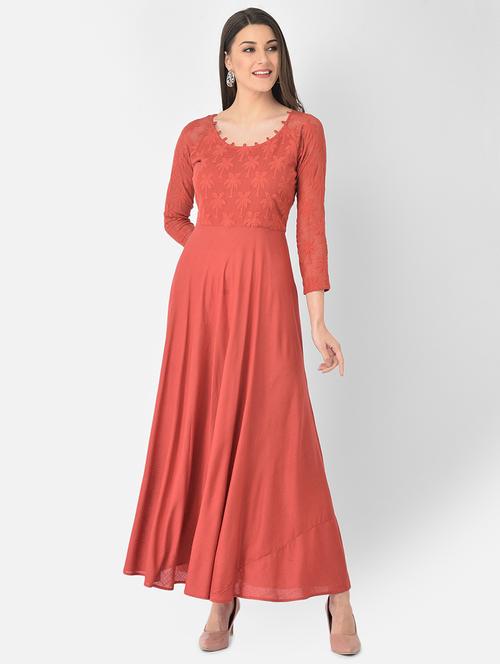 red solid flared ethnic dress - 18248489 - Very Small Image - 1