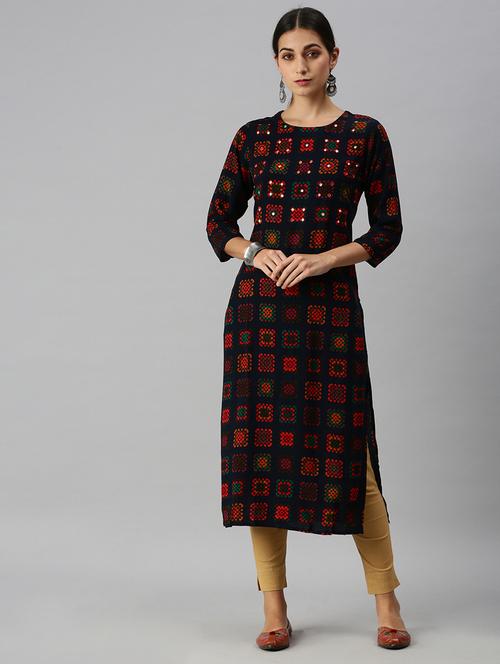 navy cotton blend straight kurta - 18249213 - Very Small Image - 1