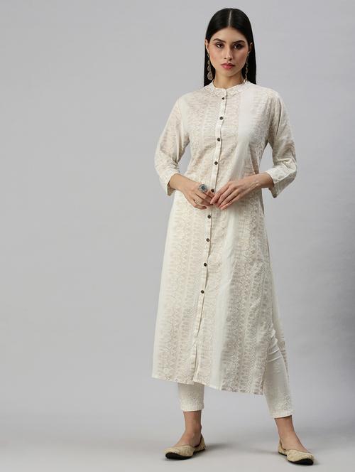 cream cotton blend aline kurta - 18249266 - Very Small Image - 1