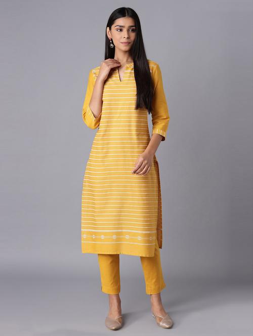 yellow cotton blend kurta pant set - 18250129 - Very Small Image - 1
