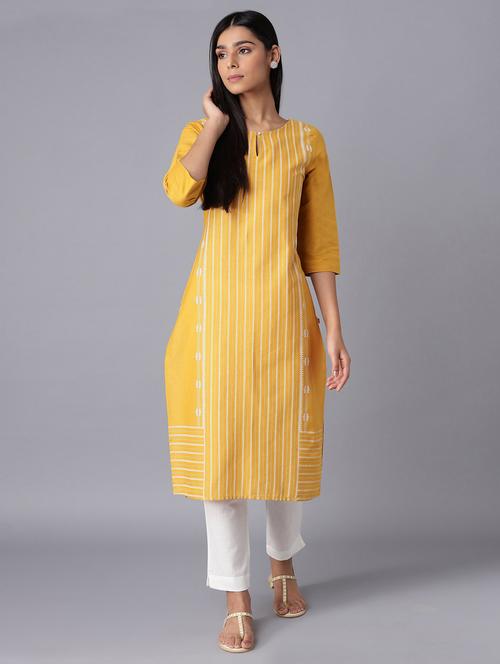 yellow cotton blend kurta pant set - 18250130 - Very Small Image - 1