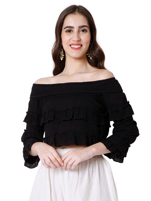 off shoulder bell sleeved ruffled detailed crop top - 18251055 - Very Small Image - 1