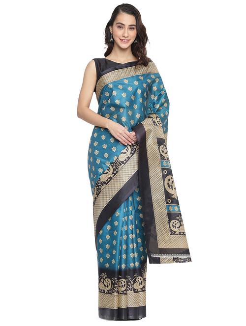 turquoise art silk printed saree with blouse - 18253291 - Very Small Image - 1