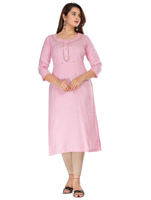 pink round neck embroidered straight kurta - 18254132 - Very Small Image - 1