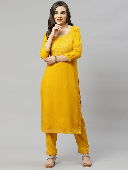 mustard kurta pant set - 18254265 - Very Small Image - 1