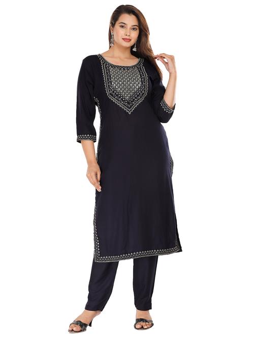 navy rayon kurta pant set - 18254275 - Very Small Image - 1