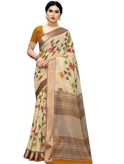 beige cotton printed saree with blouse - 18254310 - Very Small Image - 1