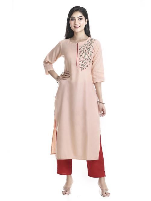 peach solid straight kurta - 18254351 - Very Small Image - 1