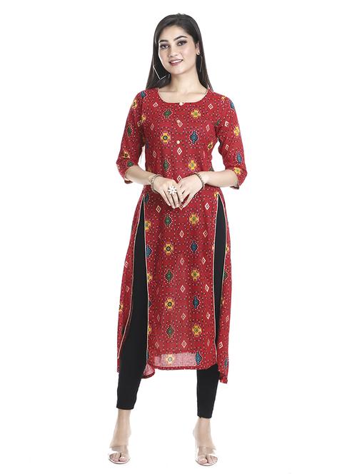 red printed high-low kurta - 18254370 - Very Small Image - 1