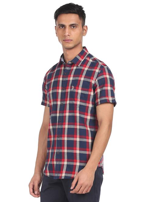 navy-blue checkered casual shirt - 18254974 - Very Small Image - 1