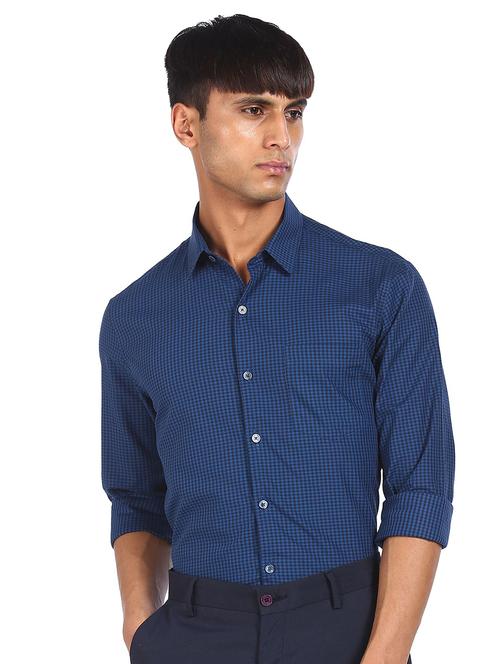 navy-blue checkered formal shirt - 18255712 - Very Small Image - 1