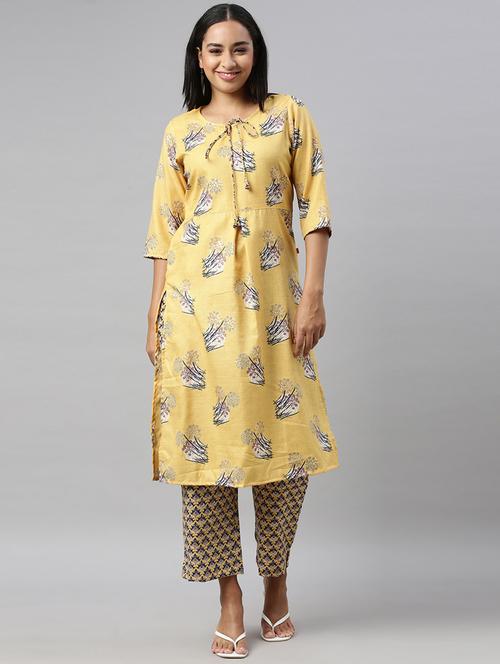 yellow rayon kurta pant set - 18256203 - Very Small Image - 1