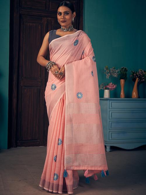 pink linen saree with blouse - 18257439 - Very Small Image - 1