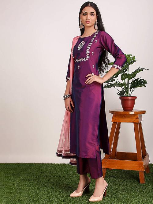 purple art silk kurta palazzo set - 18257710 - Very Small Image - 1
