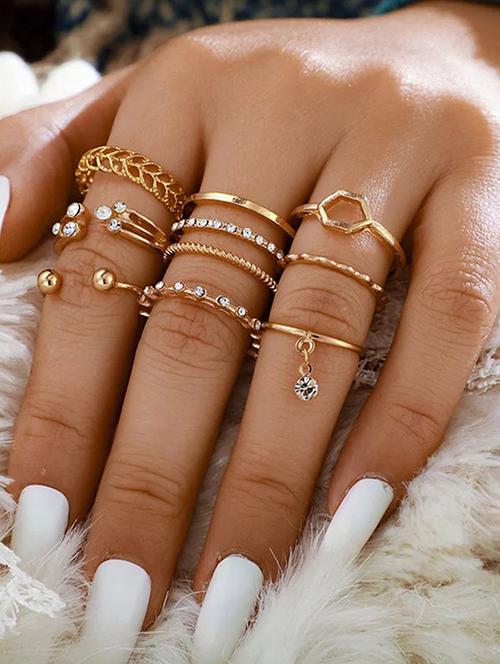 gold plated 8 piece multi designs ring set - 18257788 - Very Small Image - 1