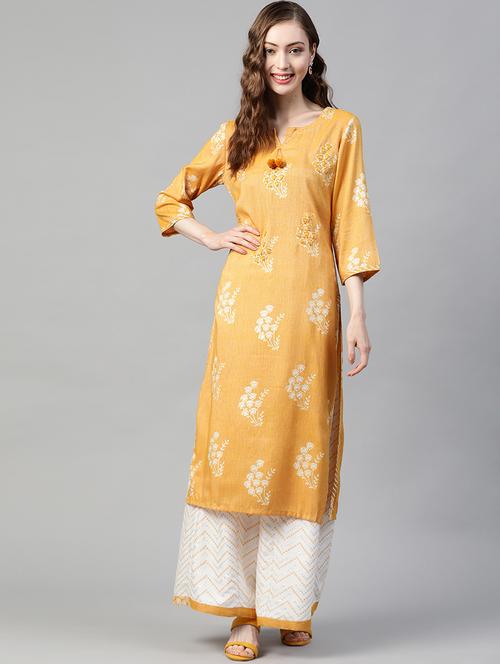yellow rayon kurta palazzo set - 18257931 - Very Small Image - 1