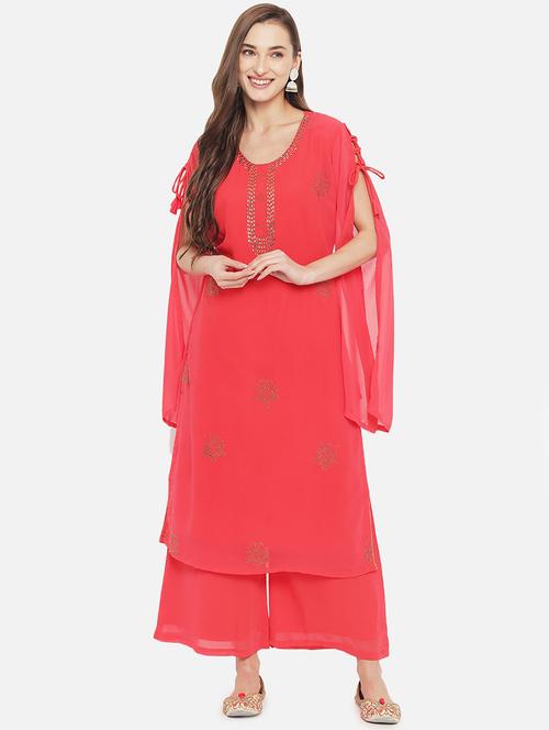 red georgette kurta palazzo set - 18259510 - Very Small Image - 1