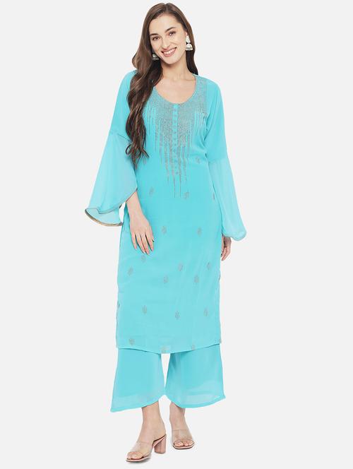 turquoise georgette kurta palazzo set - 18259513 - Very Small Image - 1