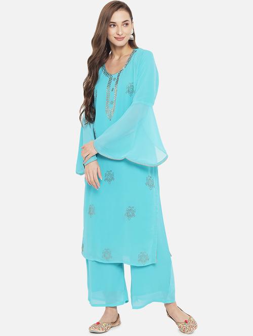 turquoise georgette kurta palazzo set - 18259516 - Very Small Image - 1