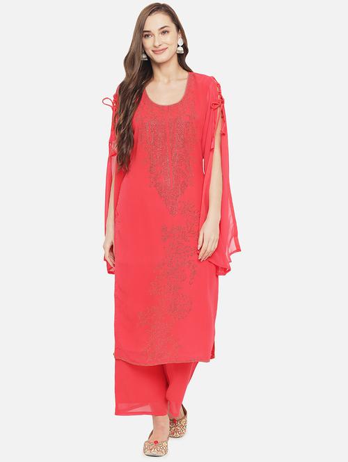 red georgette kurta palazzo set - 18259517 - Very Small Image - 1
