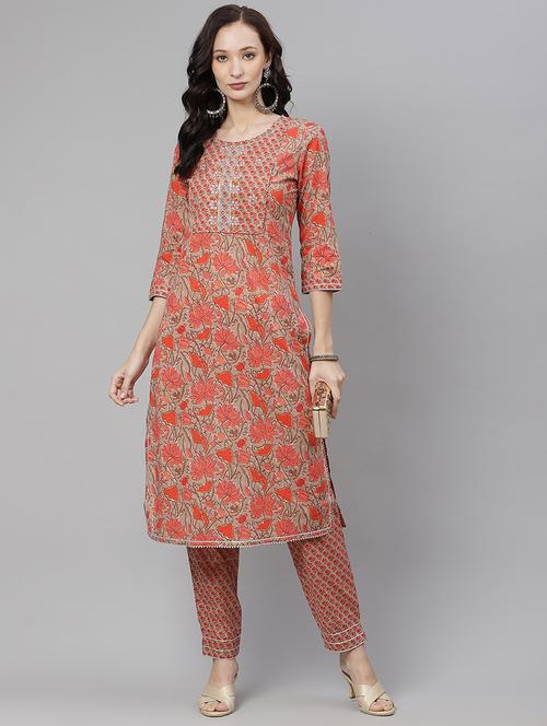 orange cotton blend kurta pant set - 18260297 - Very Small Image - 1