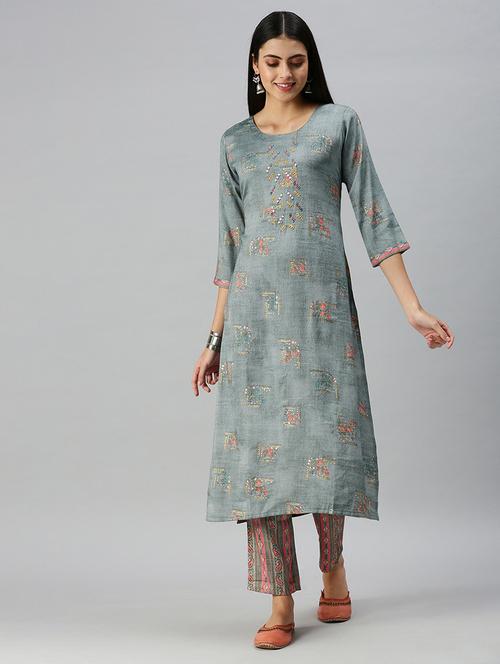 grey cotton blend kurta pant set - 18260923 - Very Small Image - 1