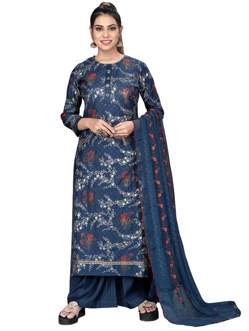 navy viscose unstitched suit - 18261011 - Very Small Image - 1