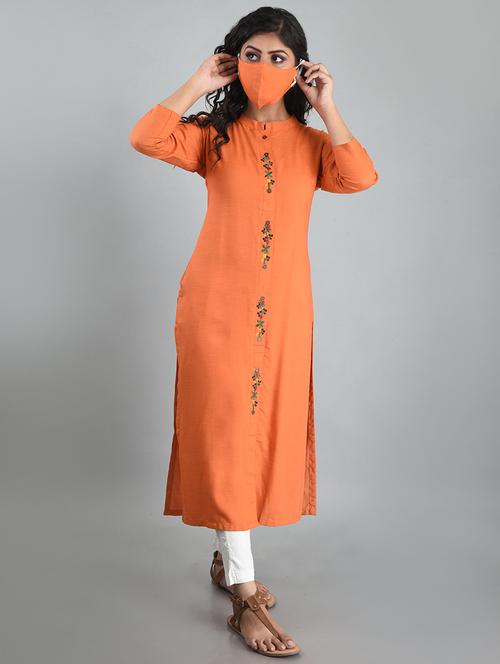 orange solid straight kurta - 18261066 - Very Small Image - 1