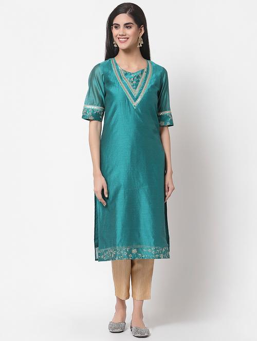 teal solid straight kurta - 18261510 - Very Small Image - 1