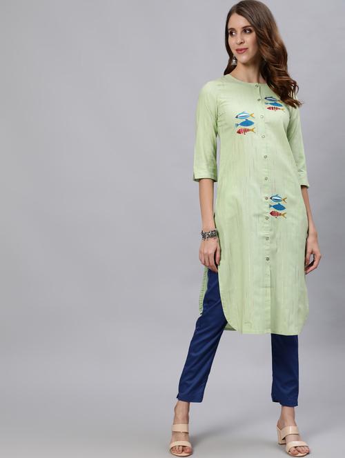 three-quarter sleeved embroidered and printed straight kurta - 18261602 - Very Small Image - 1