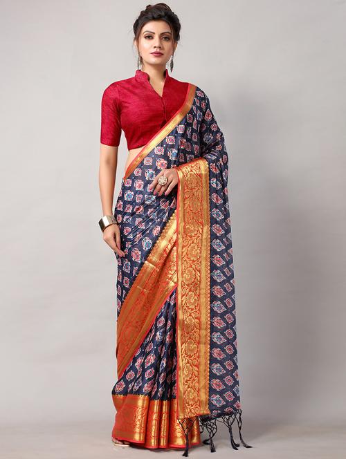 navy silk saree with blouse - 18264307 - Very Small Image - 1