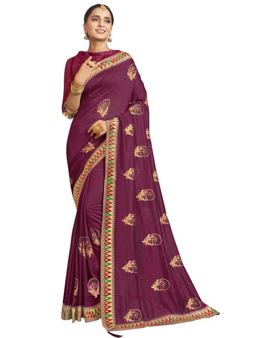 magenta chanderi embroidered saree with blouse - 18264433 - Very Small Image - 1