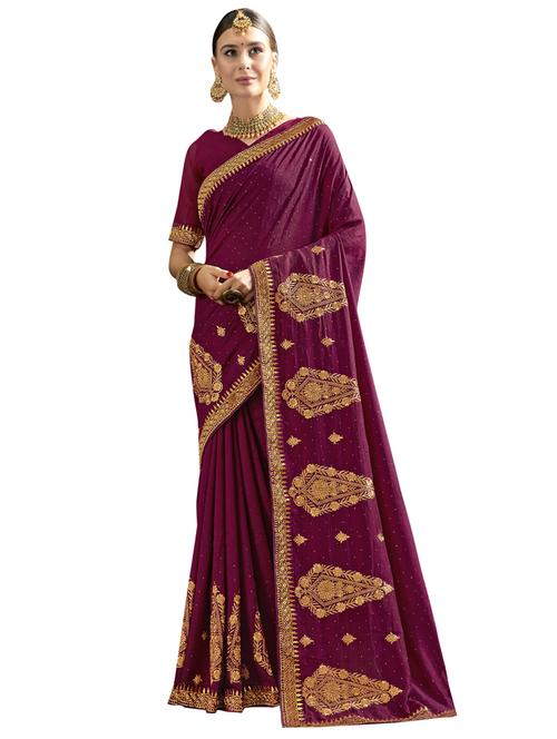 magenta chanderi embroidered saree with blouse - 18264602 - Very Small Image - 1