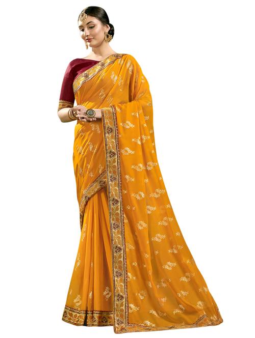yellow chanderi printed saree with blouse - 18264624 - Very Small Image - 1