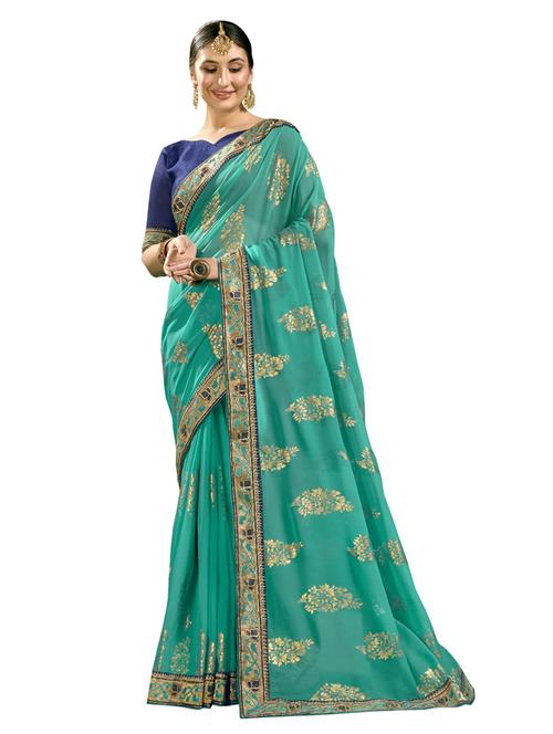 teal printed saree with blouse - 18264630 - Very Small Image - 1